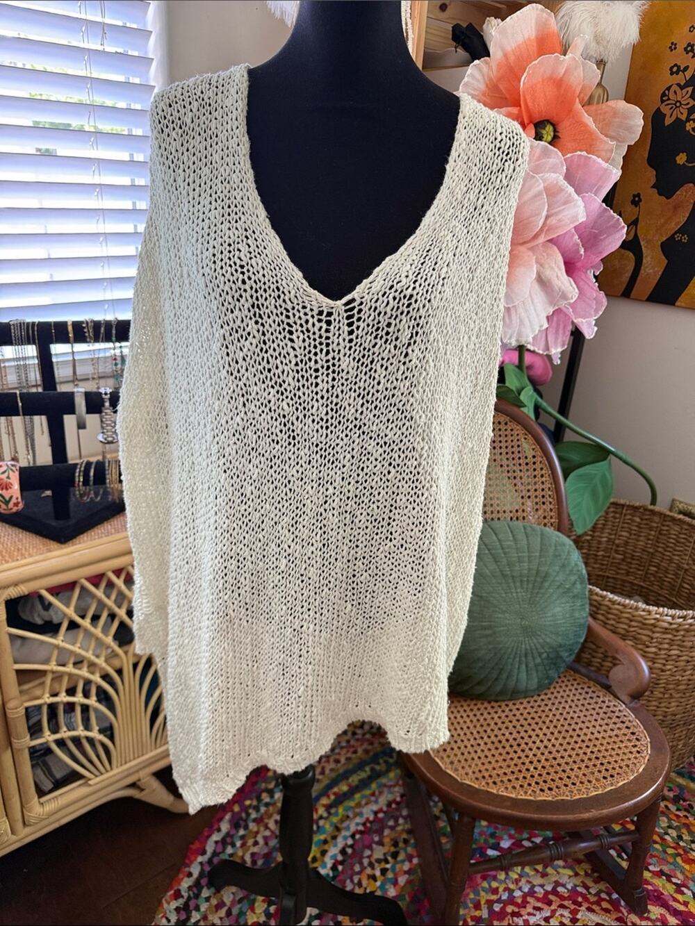 Free People Ivory Knit Asymmetrical V-neck Boho Hippie Coastal Tunic Sweater
